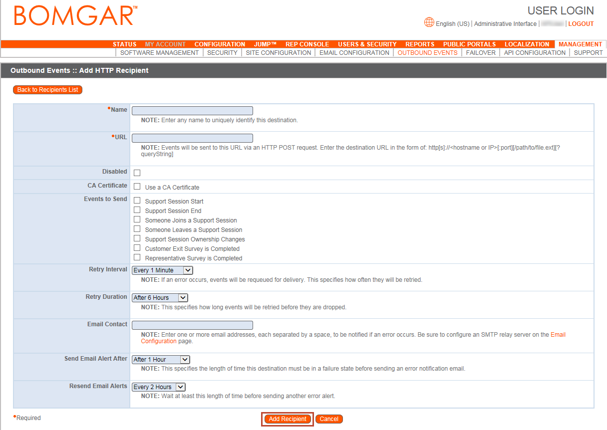 Bomgar console: Outbound Events - Add HTTP recipient