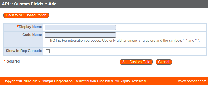 Bomgar console: API Configuration - Add Field