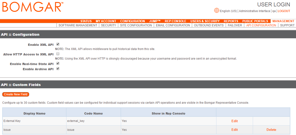 Bomgar console: API Configuration