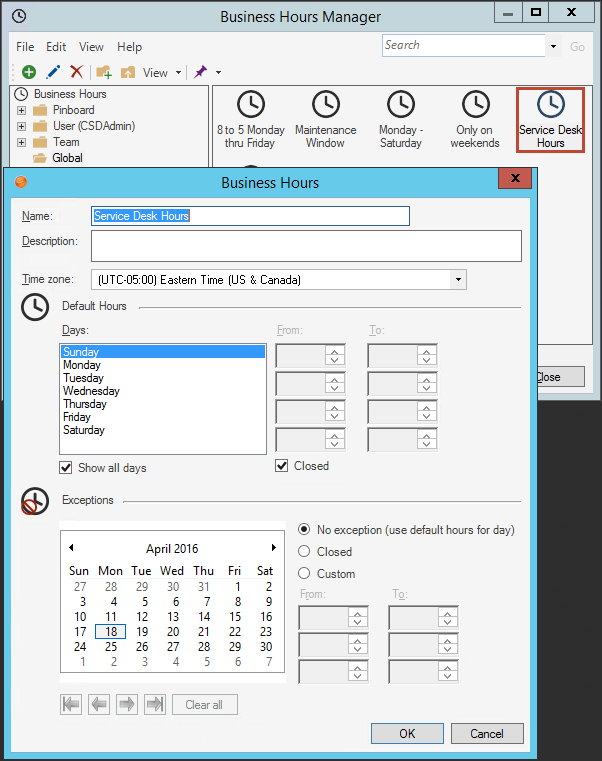 Business Hours Manager and Business Hours Windows