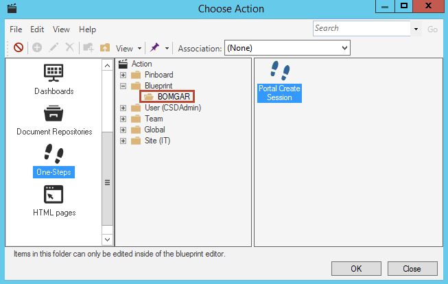 Choose Action window: Portal Create Session One-Step