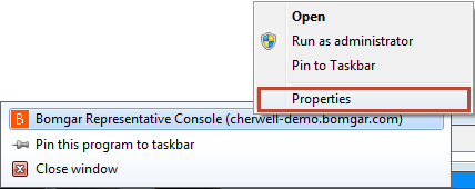 Bomgar task-bar right-click menu