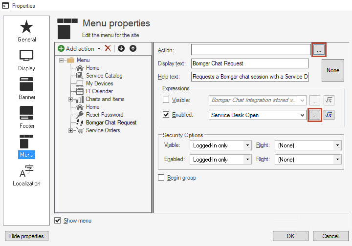 Portal Properties window: Menu properties page