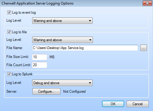 Cherwell Application Server Logging Options window