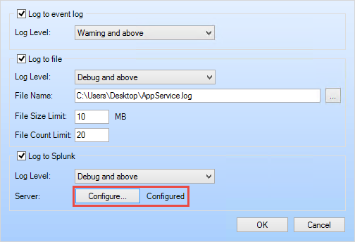 Cherwell Application Server Logging Options window - Configured