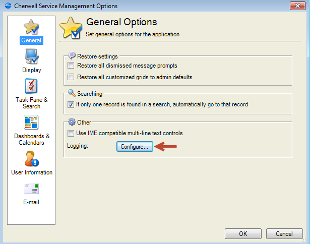 Cherwell Service Management Options General page