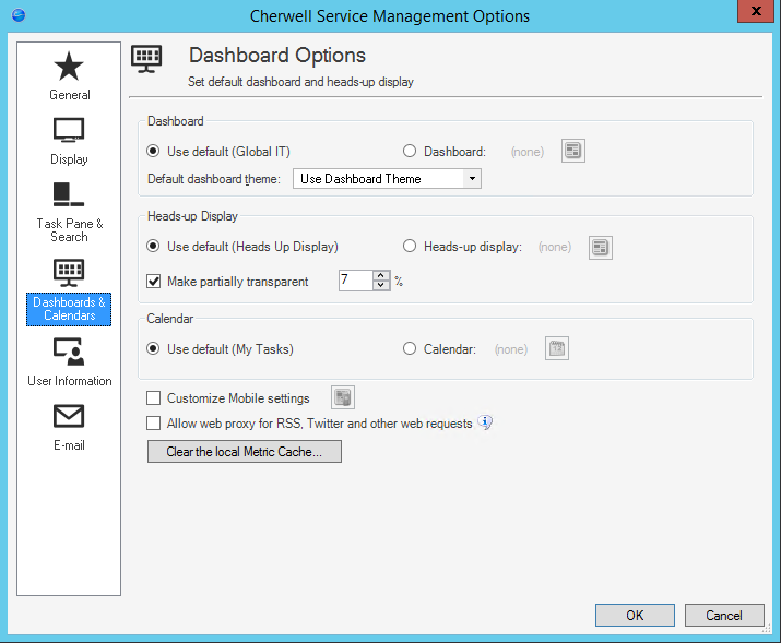 Dashboard Oprions Window