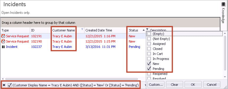 Grid Filtered by Owner and Status