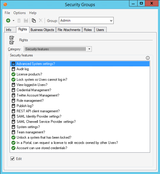 Security Groups: Rights tab, Security features Category.