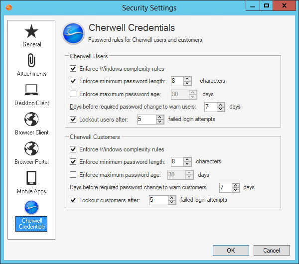 Security Settings Cherwell Credentials