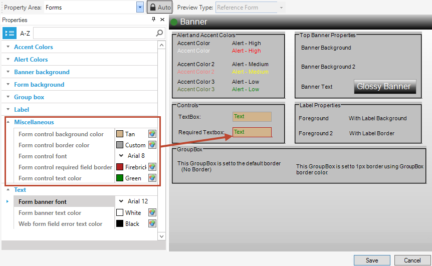 Theme Editor: Forms Properties - Miscellaneous and Text groups