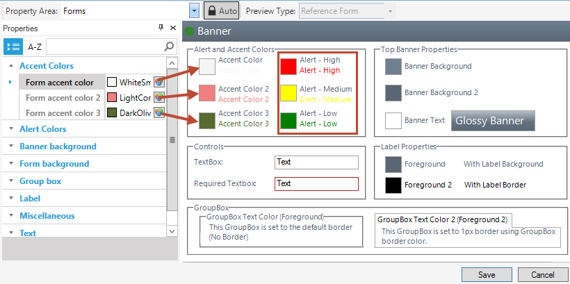 Theme Editor: Forms Properties - Accent Colors and Alert Colors groups