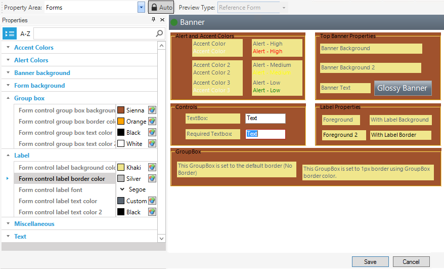 Theme Editor: Forms Properties - Group Box and Label groups